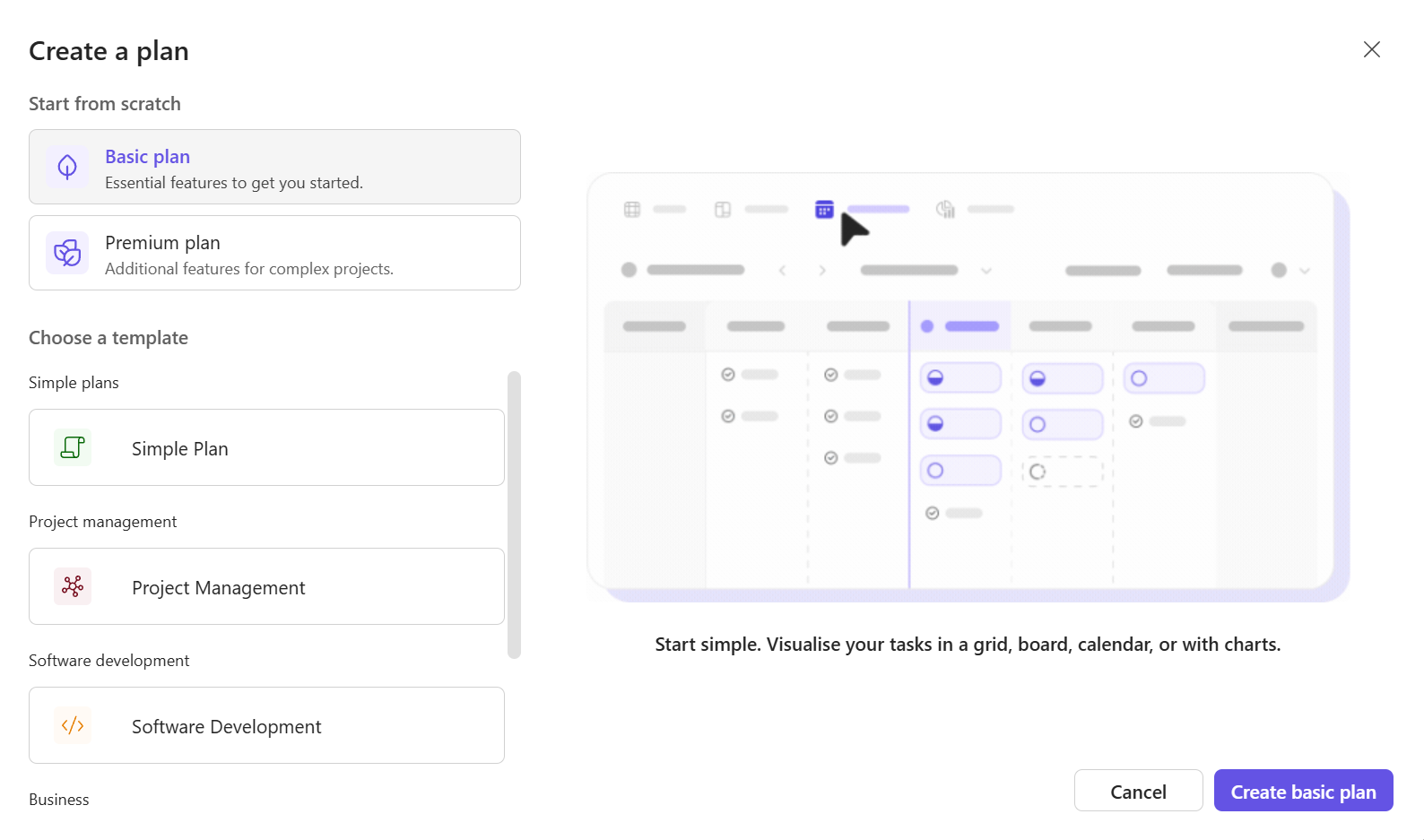 Microsoft Planner setup screen showing project planning options and task management configuration