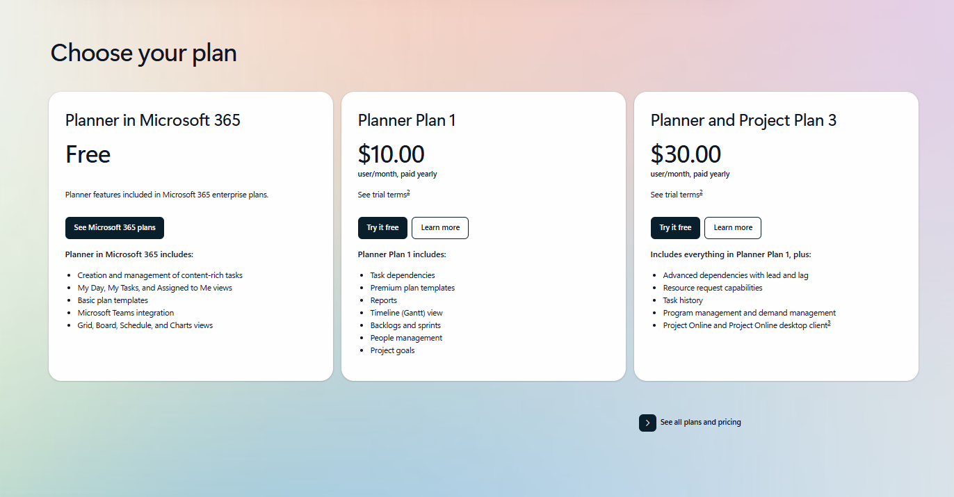 Microsoft Planner pricing page showing plans and pricing options for project and task management