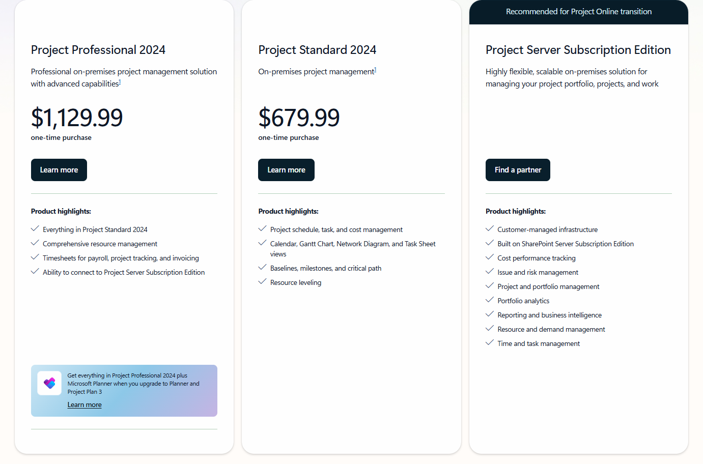 Microsoft Project pricing plans showing available project management options