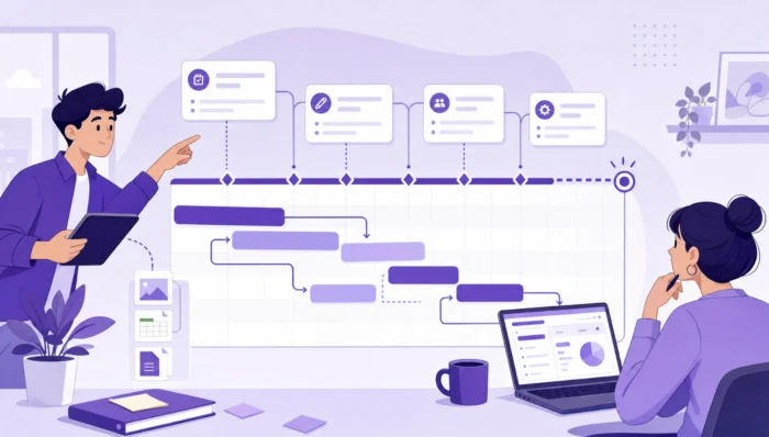 product-team-with the Gantt-chart Product team looking at the Gantt chart