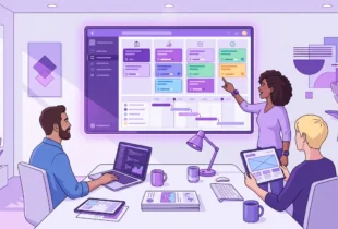 A team of three people discussing software