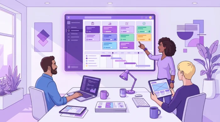 A team of three people discussing software