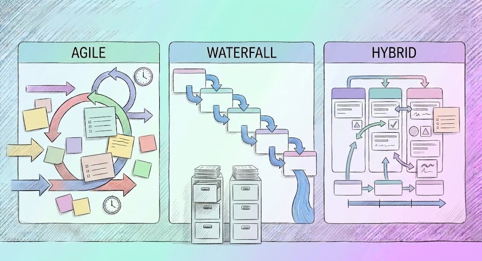 A hand-drawn vector illustration comparing Agile, Waterfall, and Hybrid project management methodologies across three side-by-side workflow boards in light blue and purple colors.