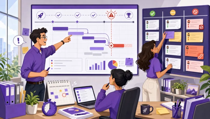 A project schedule management interface, featuring a Gantt chart timeline with task bars, dependency linkages, and progress meters