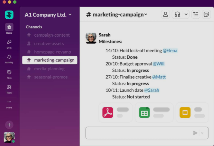 Slack Channels for Team Communication in Kanbanchi vs Slack Comparison Slack channels screenshot showing organized team conversations by project, topic, and department