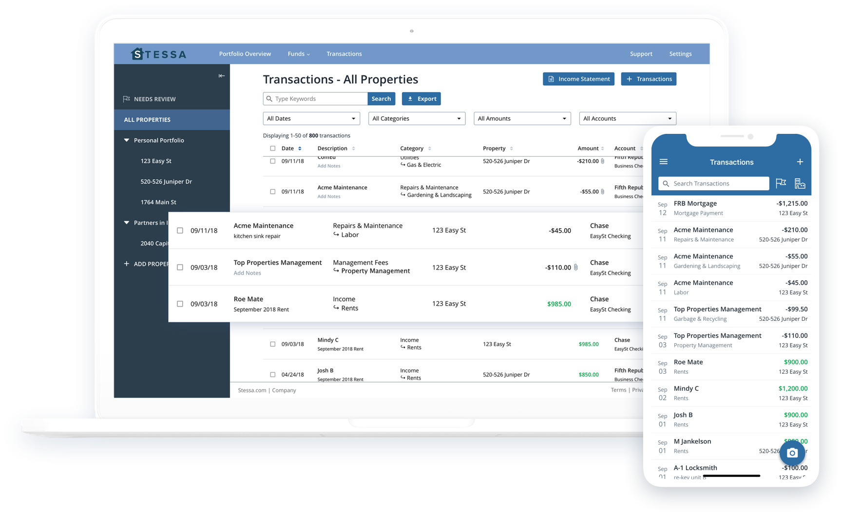 Stessa property management dashboard displaying rental property performance, income, expenses, and financial reports