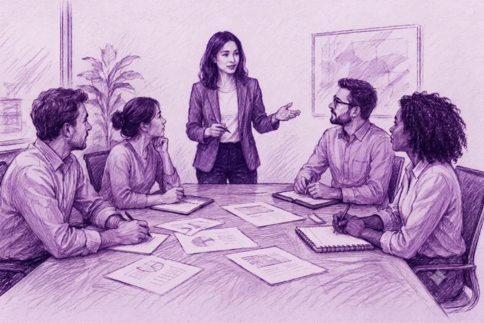 team-task-management-main-image Team task management discussion: a team lead and four colleagues reviewing tasks and reports around a conference table