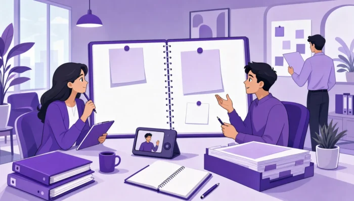 three-teammates-compare-notes-around-shared-docume-e3b467ed-1787066833721 Three teammates compare notes around shared documents, files and an async update in a startup workspace