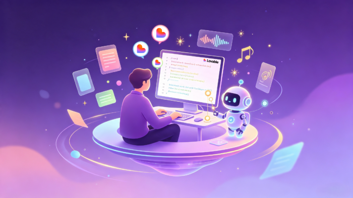 vibe-coding-with-lovable-main-illustration Illustration of a person building an internal tool with AI on Lovable, with a robot assistant beside the screen