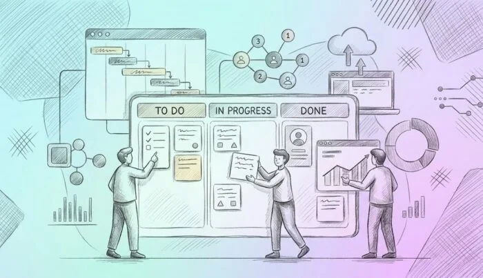 Sketch-style illustration of a team collaborating on a digital project management board showing tasks in To Do, In Progress, and Done columns to answer what are project management tools.