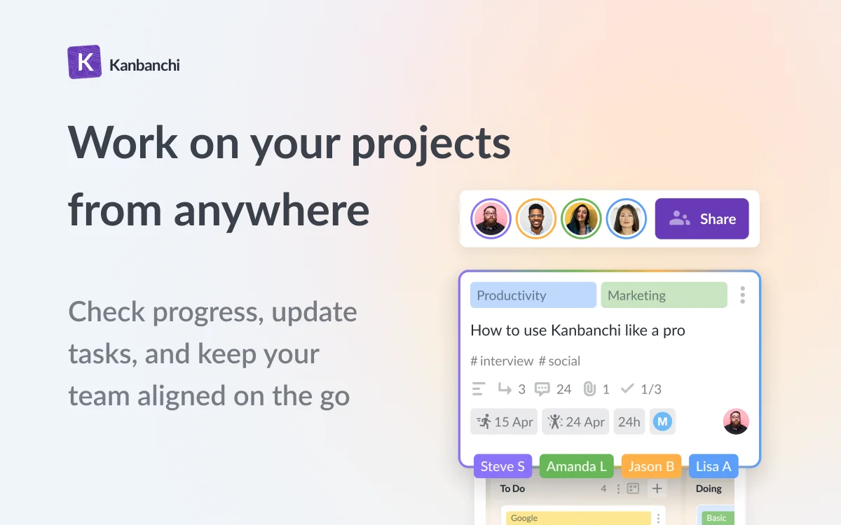 Kanbanchi Android app showing project boards and tasks on a mobile device