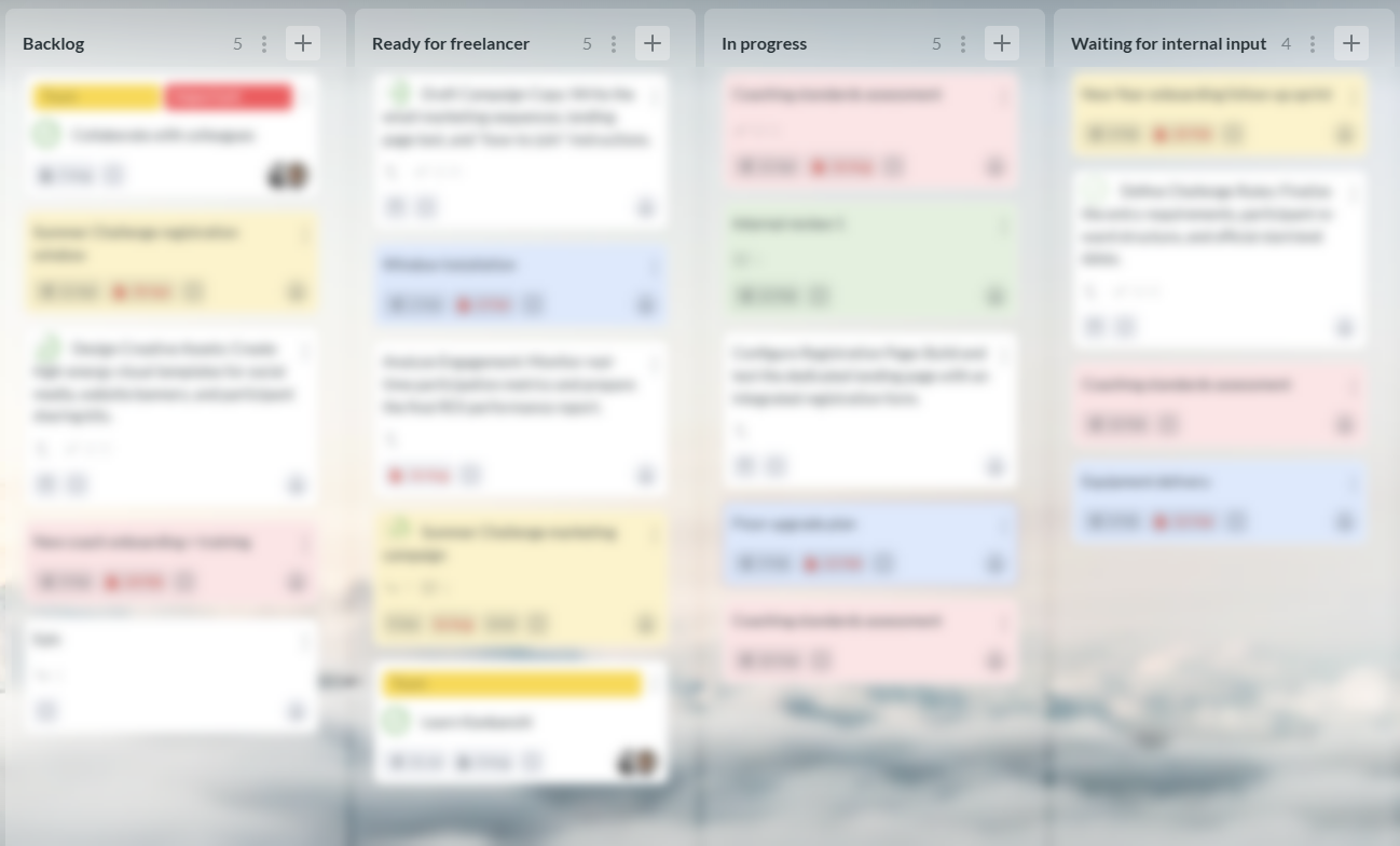 A freelance board with the lists: Backlog, Ready for freelancer, In progress, 
Waiting for internal input, In review, Approved, and Done