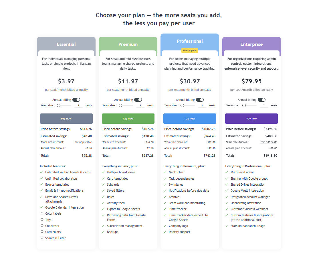 A screenshot of the new Kanbanchi pricing page
