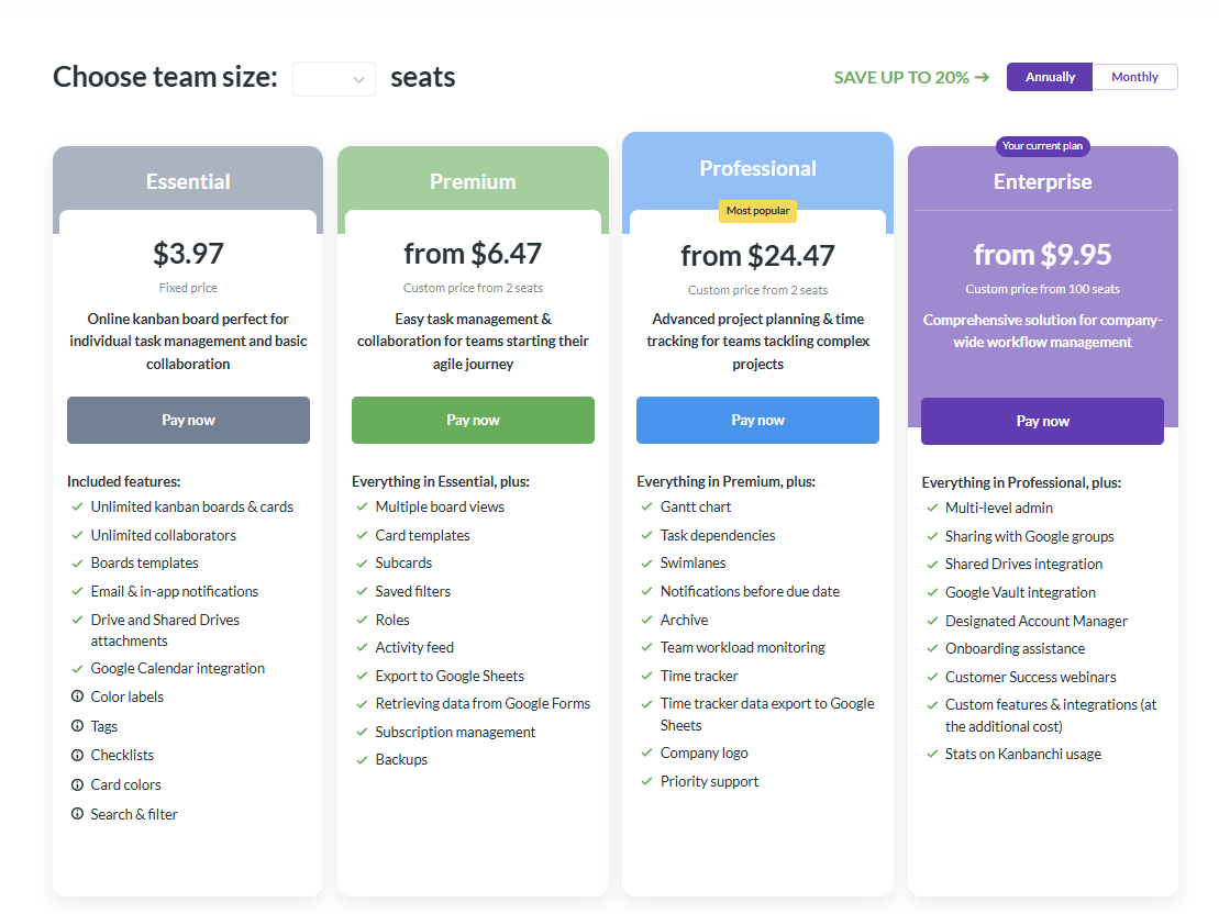 A screenshot of the old Kanbanchi pricing page