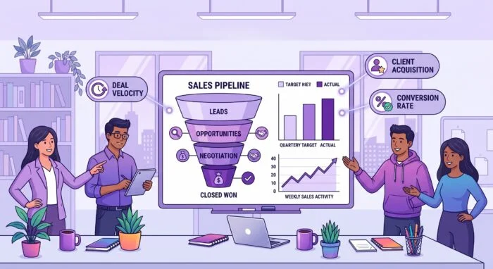 sales-team-illustration Sales team looking at ther sales pipeline and discussing deal velocity, CAC and CR