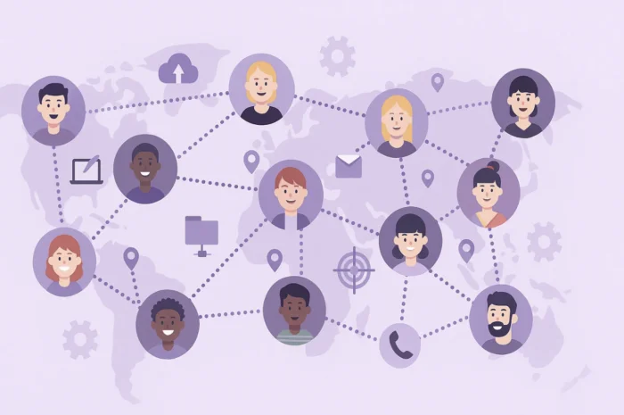 team-across-time-zones An illustration of a small team where people work together from different time zones